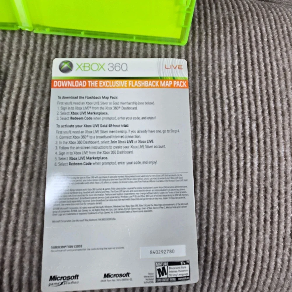 Microsoft Gears of War 2 Xbox 360 Green Complete Third-Person Shooter Video Game